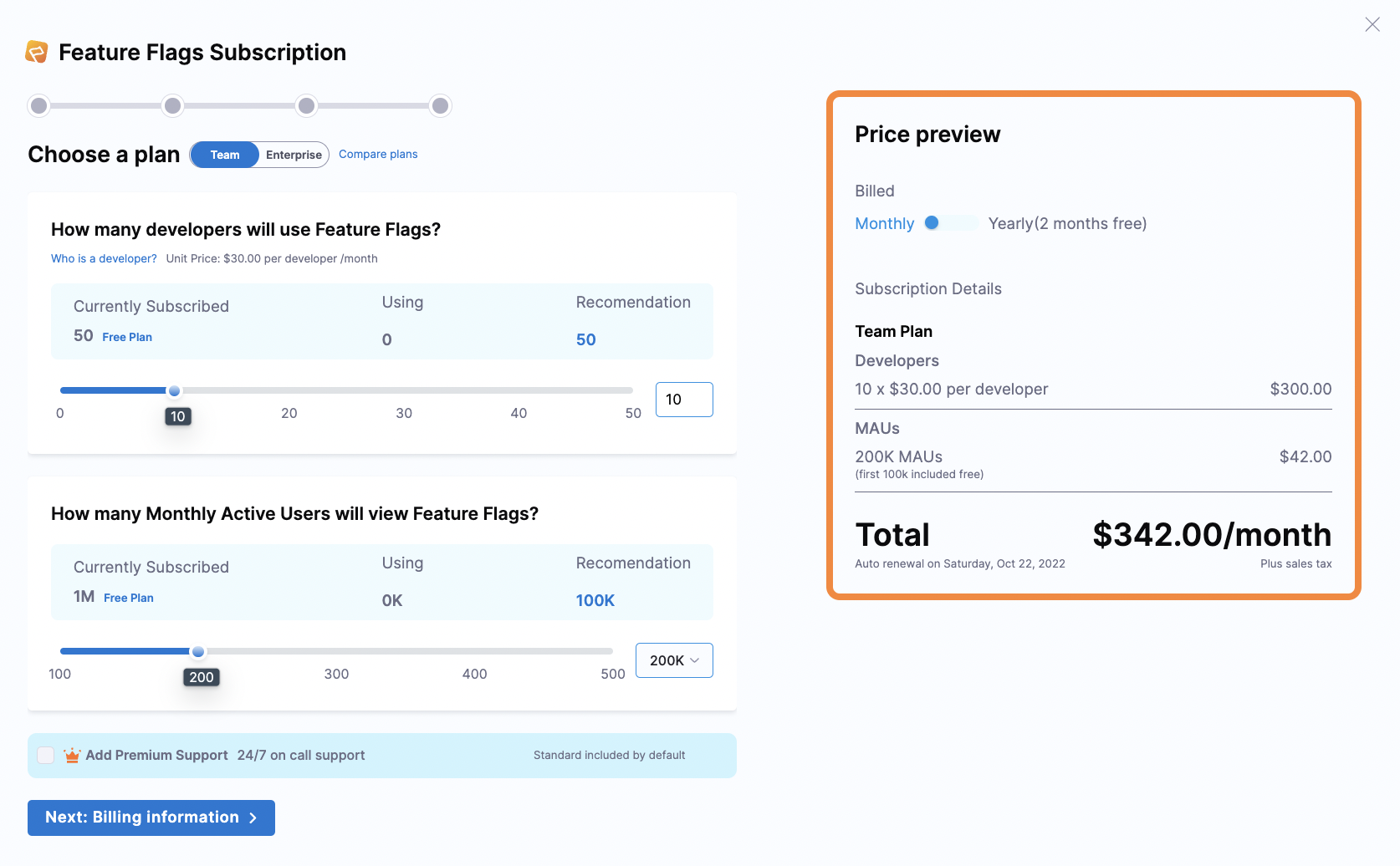 The pop up box with sliding scales for selecting the number of MAUs and developers you want to add to your subscription.