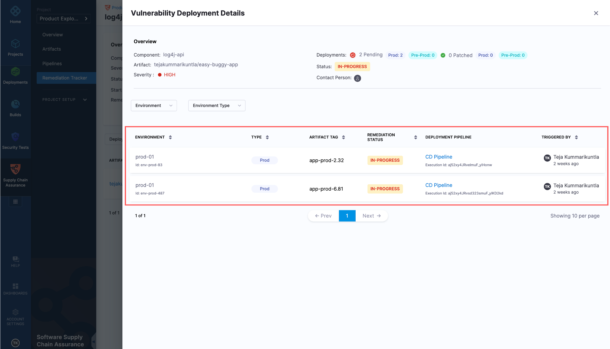 List all the deployments and environments